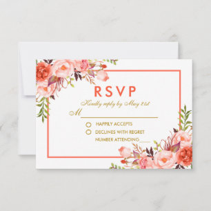 Coral Gold Watercolor Floral UAWG Wedding RSVP Karte
