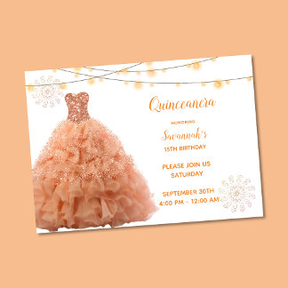 Coral Gown String Lights Quinceanera Einladung