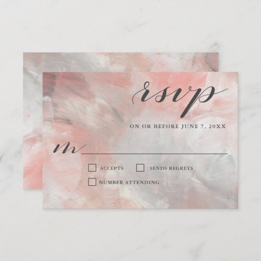 Coral Gray Abstrakt Brushstrokes Wedding RSVP (Vorne/Hinten)