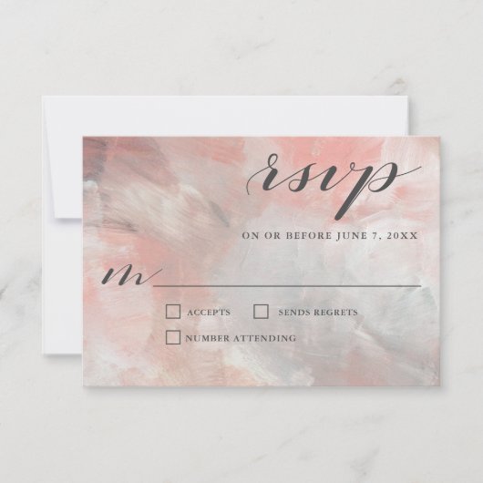 Coral Gray Abstrakt Brushstrokes Wedding RSVP Karte (Vorderseite)