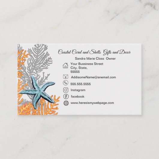 Coral Gray Aquamarin Starfish Einfache Küste Visitenkarte (Vorderseite)