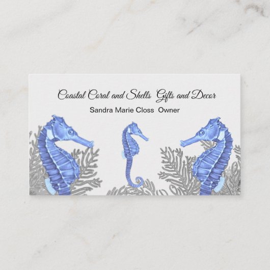 Coral Gray Blue Seepferd Einfache Küste Visitenkarte (Rückseite)