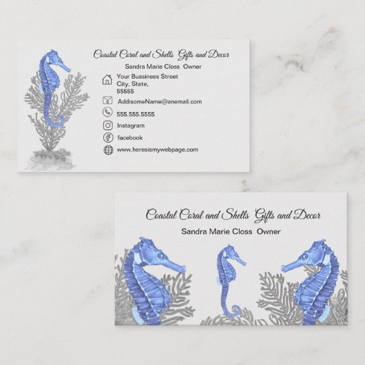 Coral Gray Blue Seepferd Einfache Küste Visitenkarte (Vorne/Hinten)