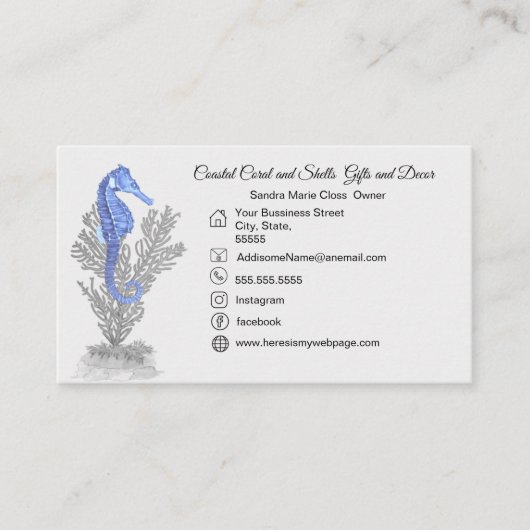 Coral Gray Blue Seepferd Einfache Küste Visitenkarte (Vorderseite)