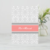 Coral Gray Damask Bat Mitzvah Einladungen (Stehend Vorderseite)