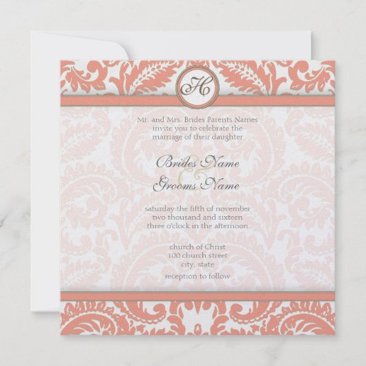 Coral & Gray Damask Hochzeitseinladungen Einladung (Vorderseite)