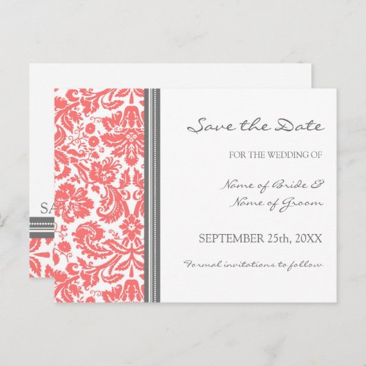 Coral Gray Damask Save the Date Hochzeitstorte Ankündigungspostkarte (Vorne/Hinten)
