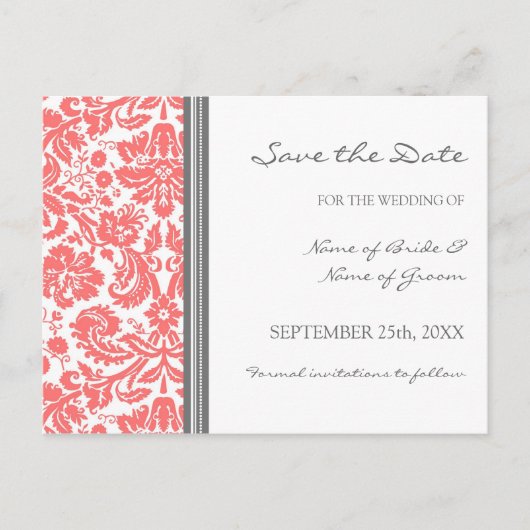Coral Gray Damask Save the Date Hochzeitstorte Ankündigungspostkarte (Vorderseite)