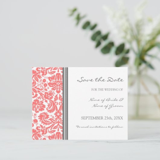 Coral Gray Damask Save the Date Hochzeitstorte Ankündigungspostkarte (Stehend Vorderseite)