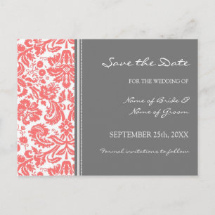 Coral Gray Damask Save the Date Hochzeitstorte Ankündigungspostkarte