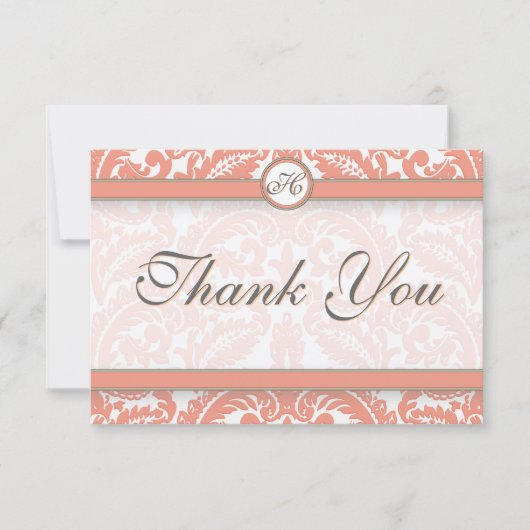Coral & Gray Damask Wedding Dankeschön Card Dankeskarte (Vorderseite)