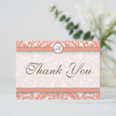 Coral & Gray Damask Wedding Dankeschön Card Dankeskarte (Stehend Vorderseite)