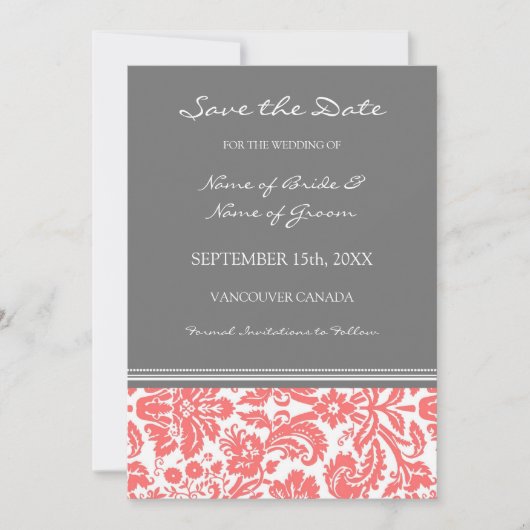 Coral Gray Foto Wedding Save the Date Card (Vorderseite)
