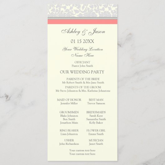 Coral Gray Off White Damask Hochzeitsprogramm Programm (Rückseite)
