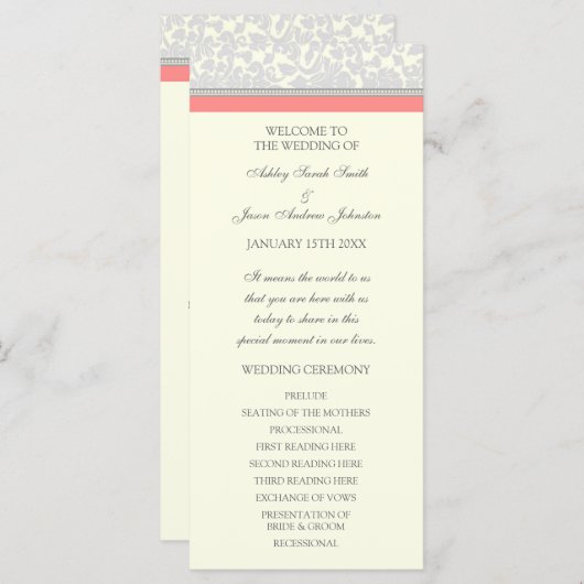 Coral Gray Off White Damask Hochzeitsprogramm Programm (Vorne/Hinten)