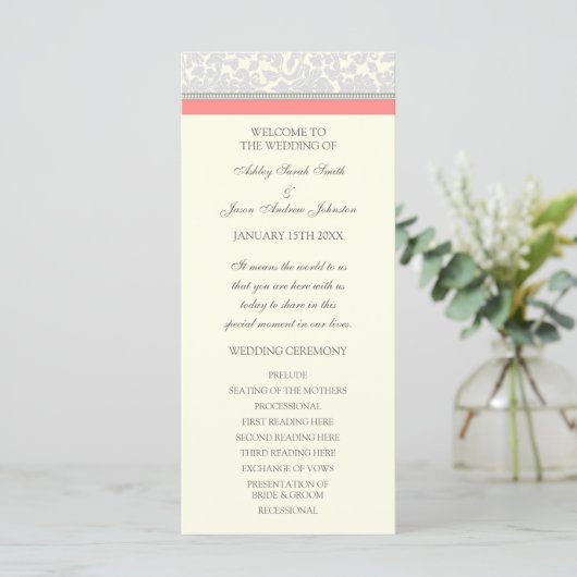 Coral Gray Off White Damask Hochzeitsprogramm Programm (Stehend Vorderseite)