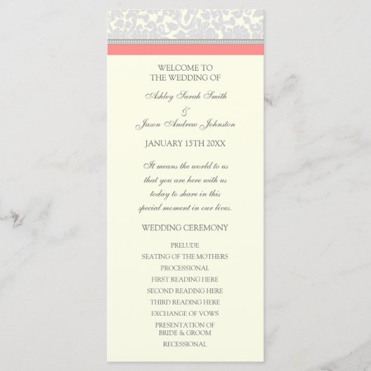 Coral Gray Off White Damask Hochzeitsprogramm Programm (Vorderseite)