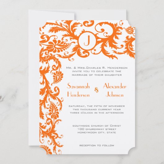 Coral & Gray Orange Damask Einladung (Vorderseite)
