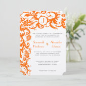 Coral & Gray Orange Damask Einladung (Stehend Vorderseite)