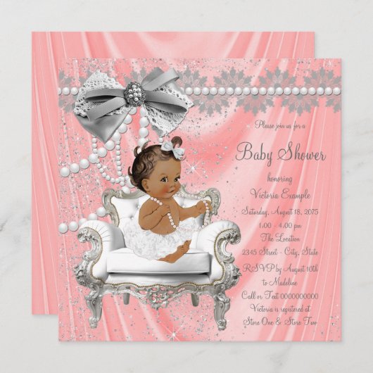 Coral Gray Pearl Chair Ethnic Girl Baby Dusche Einladung (Vorne/Hinten)