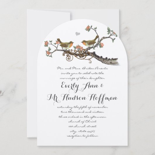 Coral & Gray Rustic Love Bird Wedite Einladung (Vorderseite)