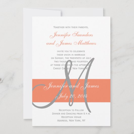 Coral Gray Wedding Einladung Wird Monogram Names (Rückseite)