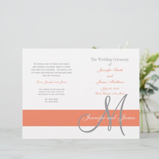 Coral Gray Wedding Program | Monogramm (Stehend Vorderseite)