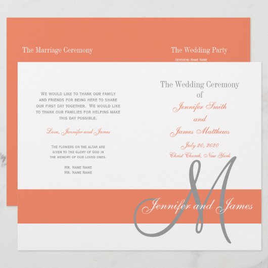 Coral Gray Wedding Program | Monogramm (Vorne/Hinten)