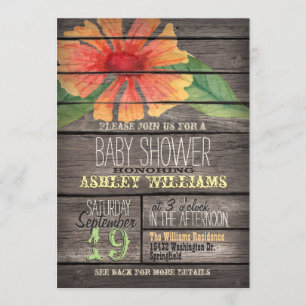 Coral & Green Blume auf Rustic Wood Baby Dusche Einladung