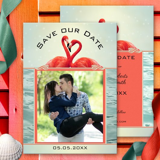 Coral Green Foto Flamingo Save the Date Card