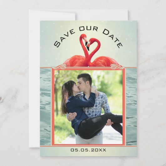 Coral Green Foto Flamingo Save the Date Card (Rückseite)