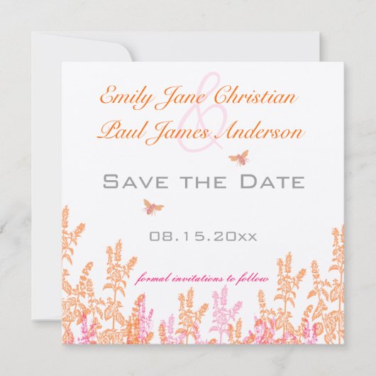 Coral & Grey Wild Blume Bee Wedding Save the Date (Vorderseite)
