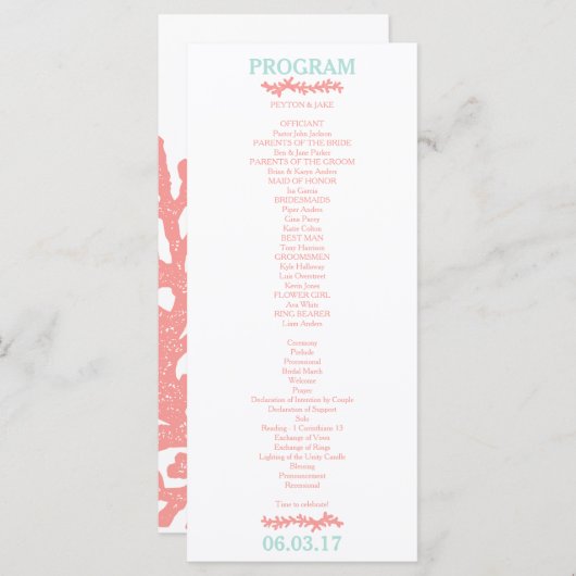 Coral Heart Aqua Beach Hochzeitsprogramm Programm (Vorne/Hinten)