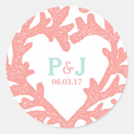 Coral Heart Aqua Beach Hochzeitsticker Runder Aufkleber