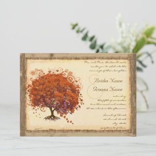 Coral Heart Leaf Tree Rustic Barn Forest Wedding Einladung