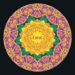 CORAL ~ Helle Weihnachtsfeiertage Blume Runder Aufkleber<br><div class="desc">Dies ist ein Kaleidoskop-Fraktal,  das auf dem Computer entwickelt wurde. Die Farbtöne lila,  rosa,  goldfarben,  gelb,  orange und grün,  wobei der Schwerpunkt auf der 3D-Darstellung des Musters liegt. Es ist ein Design,  das jeder Liebe würde. Dieses Muster wurde von Liz gemacht.</div>