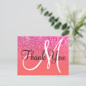 Coral Hot Pink Ombre Glitzer Monogram Vielen Dank Postkarte (Stehend Vorderseite)