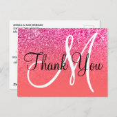 Coral Hot Pink Ombre Glitzer Monogram Vielen Dank Postkarte (Vorne/Hinten)