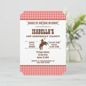 Coral Kariert Cowboy Rodeo Einladung zum Geburtsta (Stehend Vorderseite)