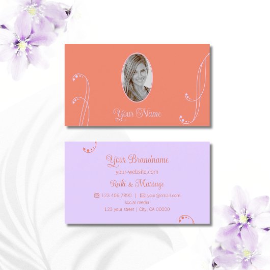 Coral Lavender Chic Verziert mit Portrait Foto Visitenkarte