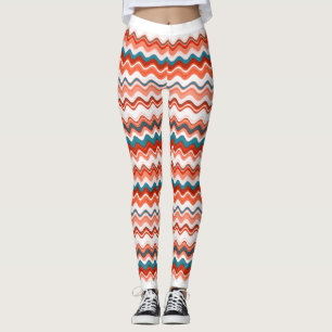 Coral Lmon Orange Blue Wavy Zigzag Muster Leggings