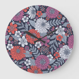 Coral, Magenta & Blue Zinnias Floral Große Wanduhr