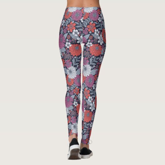Coral, Magenta & Blue Zinnias Floral Leggings (Rückseite)