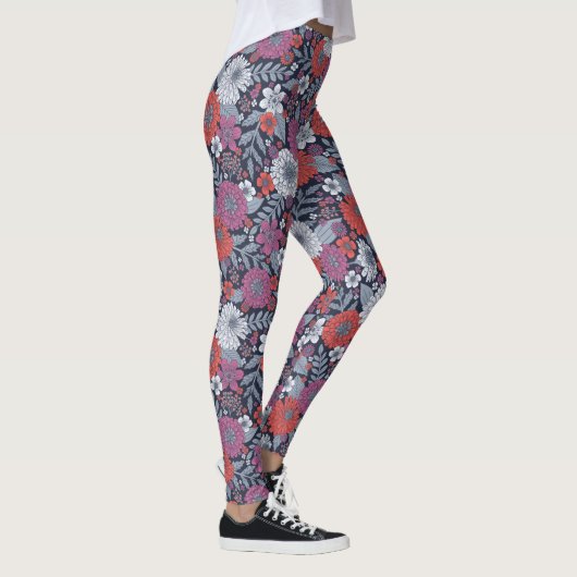 Coral, Magenta & Blue Zinnias Floral Leggings (Rechts)