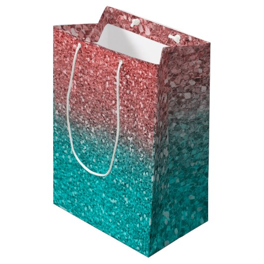 Coral Melon Orange Aquamarin Aqua Green Funkelnd G Mittlere Geschenktüte (Vorderseite Schrägansicht)