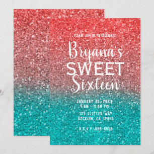 Coral Melone Orange Türkis Aqua Glitter Sweet 16 Einladung