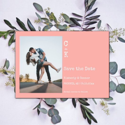 Coral Minimalistisch Monogram Foto Save The Date
