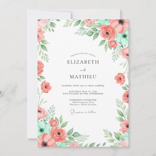 Coral Mint Botanical Bliss Wedding Einladung (Vorderseite)