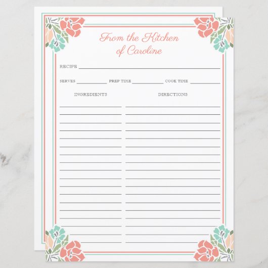 Coral & Mint Floral Cookbook Binder Rezept Blätter (Vorne/Hinten)