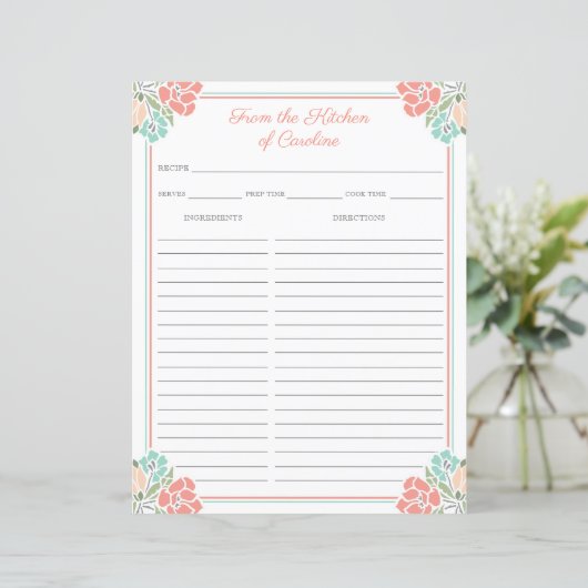 Coral & Mint Floral Cookbook Binder Rezept Blätter (Stehend Vorderseite)